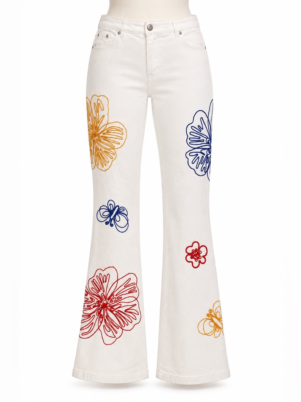 Escada Vintage White Flared Jeans with Multicolor Floral Embroidery